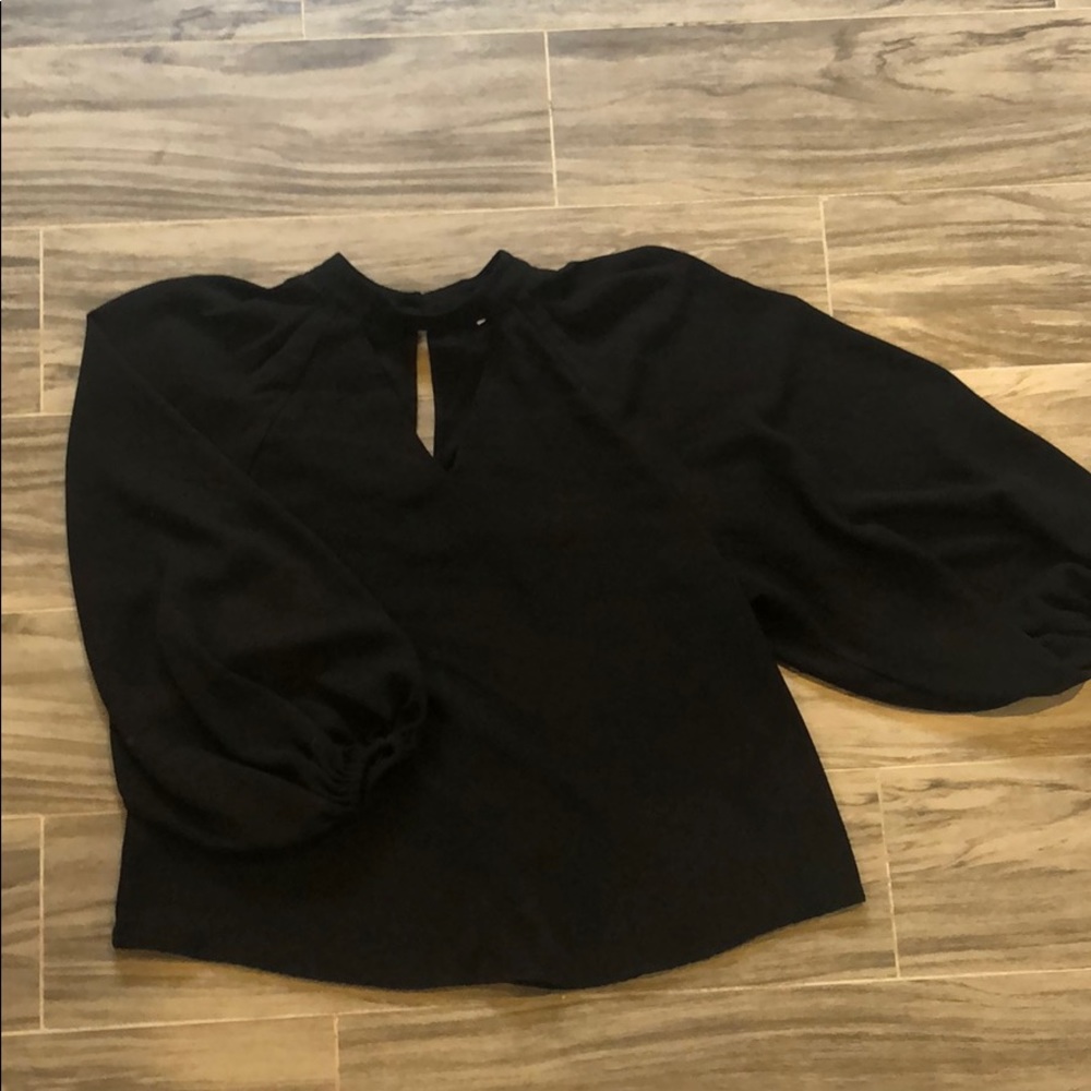 Leith Black Balloon Sleeve High Neck Cutout Top